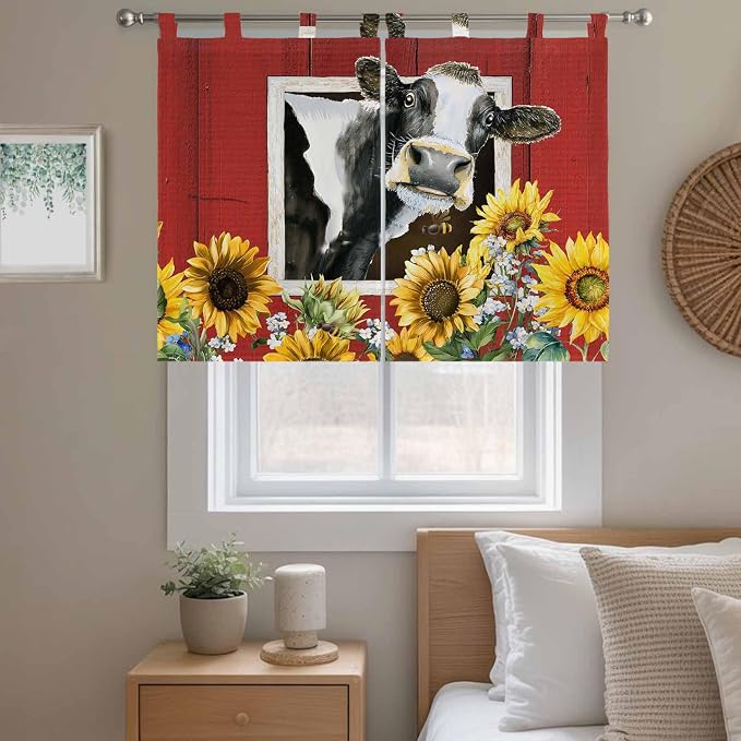 Cows Sunflowers Kitchen Curtains 45 Inch Length, Short Cafe Window Curtains Tab - Image 9