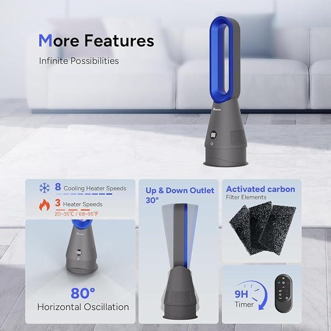 Bladeless Fan, 25inch Heating & Cooling & Filter Combo Tower Fan 80° Oscillating - Image 7