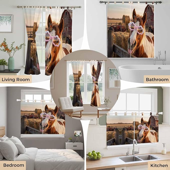 Farm Horses Kitchen Curtains 36 Inch Length, Small Window Curtains Tab Top - Image 7