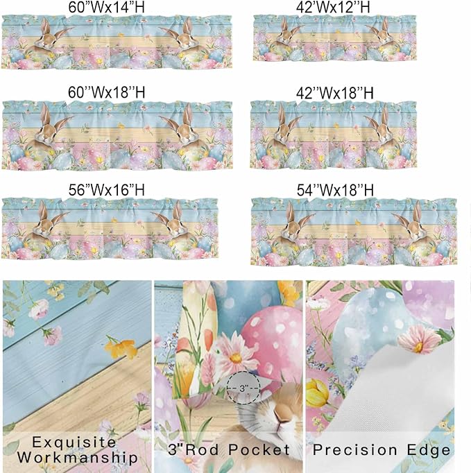 Kitchen Valances for Window, Spring Easter Eggs Rabbit Flower Light Filtering - Image 2