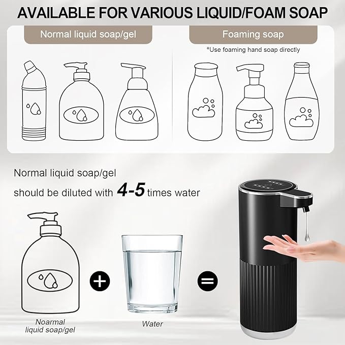 GuDoQi Automatic Touchless Liquid Soap Dispenser, 4-Level Adjustable Foam, USB Rechargeable Hand Soap Dispenser for Bathroom, Kitchen Countertops, 12.2oz/360mL, Black