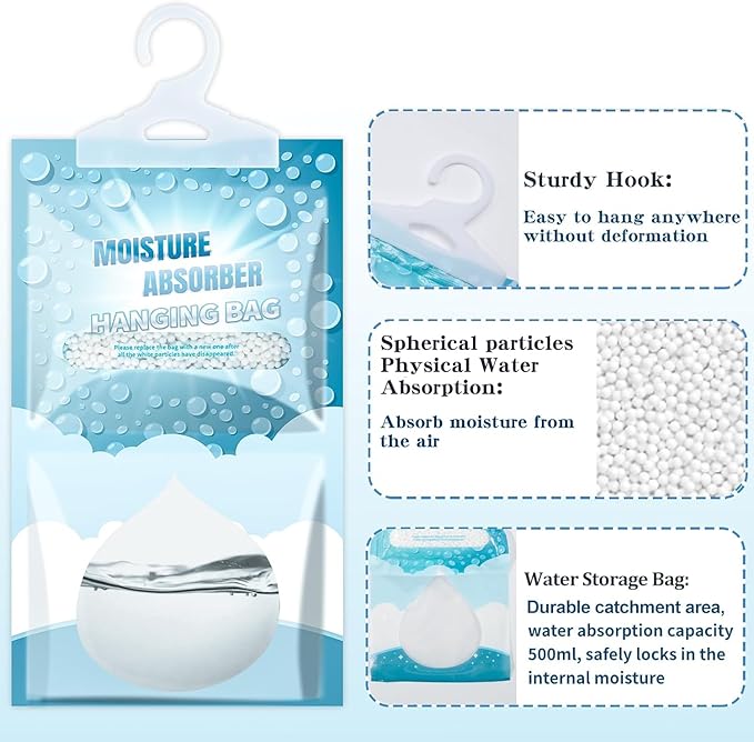 Moisture Absorbers Packets - Hanging Moisture Absorbers Dehumidifier Bags for Closet Bathroom Kitchen, Fragrance Free Humidity Absorber Packs, Removes Moisture & Odors, 20 Pack