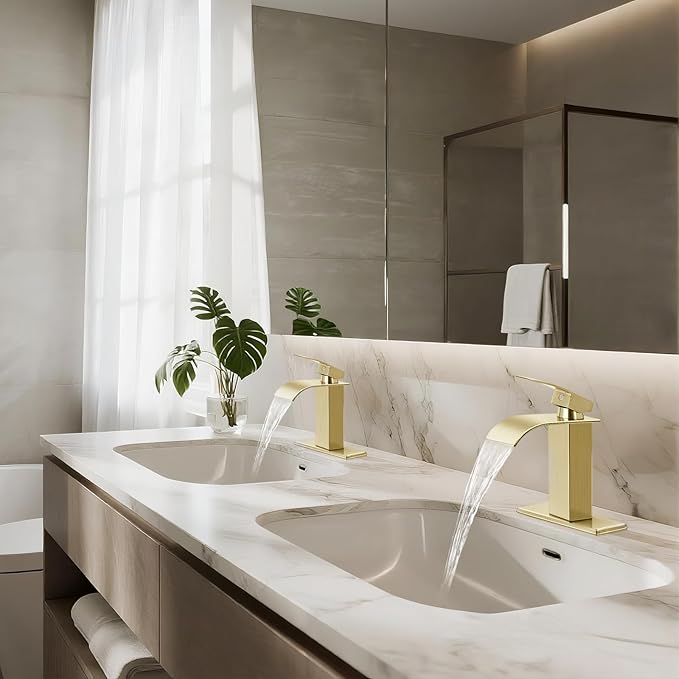 Bathroom Faucets Brushed Gold Waterfall Bathroom Sink Faucet Modern Single Handle Bathroom Faucet for 1 or 3 Hole Mxier Tap Washbasin Faucet with Deck, Pop-up Drain and Supply Hoses 2 Pack