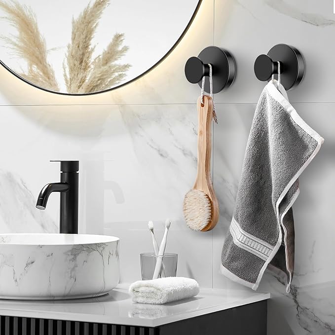 BKV Suction Cup Hooks for Glass Window,Removable Shower Hooks for Inside Shower,Metal Towel Hooks for Bathrooms,6 Pack(Black)
