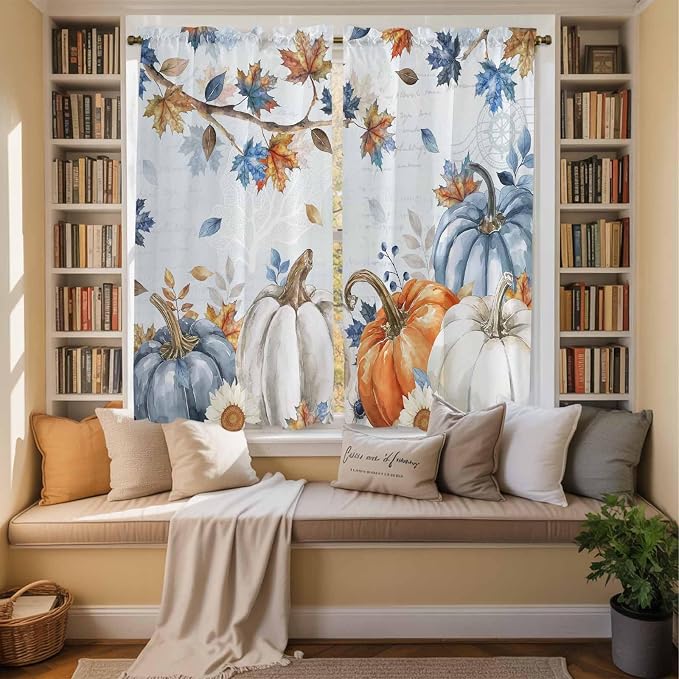 Fall Blue Maple Window Curtains 63 Inch Long 2 Panel Set, Rod Pocket Bedroom - Image 3
