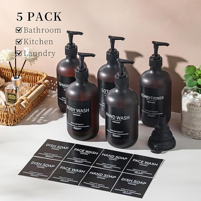Refillable Matte Amber Plastic Shampoo and Conditioner Bottles (5 Pack, 16.9oz), with Pumps and Labels