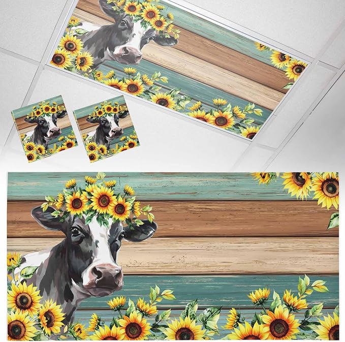 Fluorescent Light Covers Farm Cow Sunflower Magnetic Light Filters Vintage Blue by TweetyBed