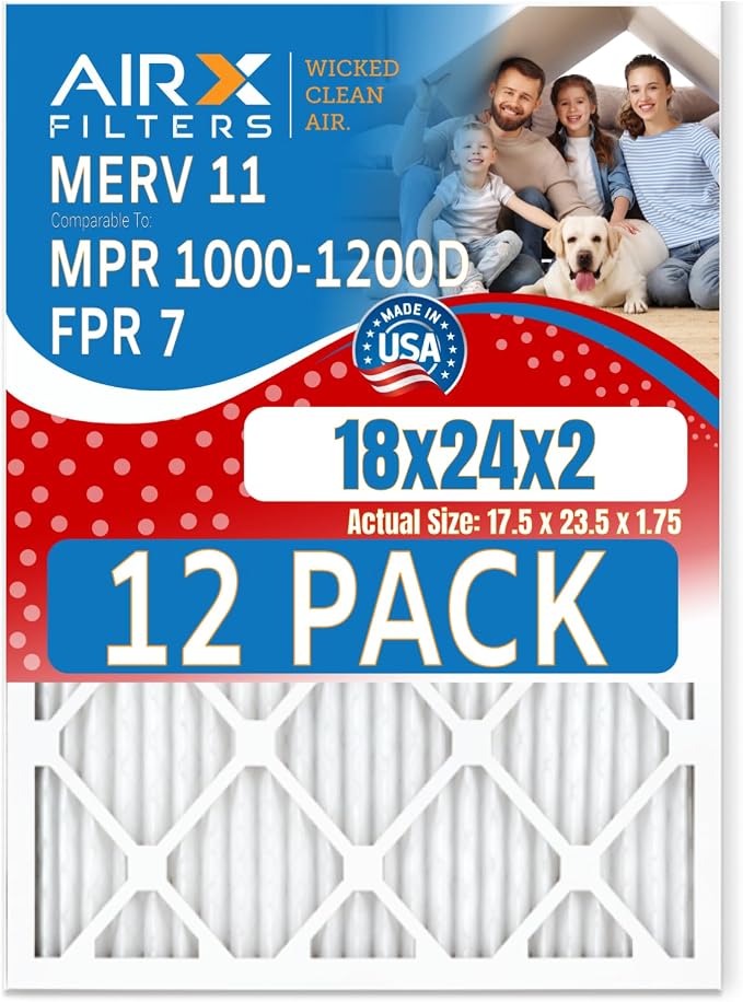 18x24x2 Air Filter MERV 11 Rating, 12 Pack of Furnace Filters Comparable to MPR by AIRXFILTERSWICKEDCLEANAIR