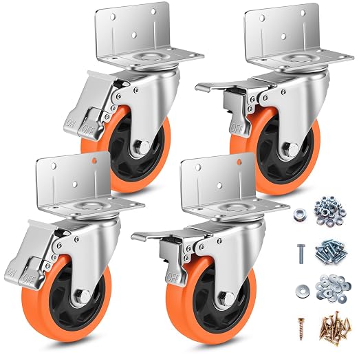 Caster Wheels, 4 Inch L-Shaped Casters Set of 4 Heavy Duty, Locking Caster by BOSGEOT