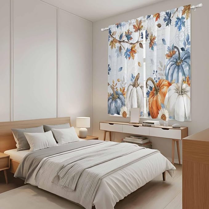 Fall Blue Maple Window Curtains 63 Inch Long 2 Panel Set, Rod Pocket Bedroom - Image 4