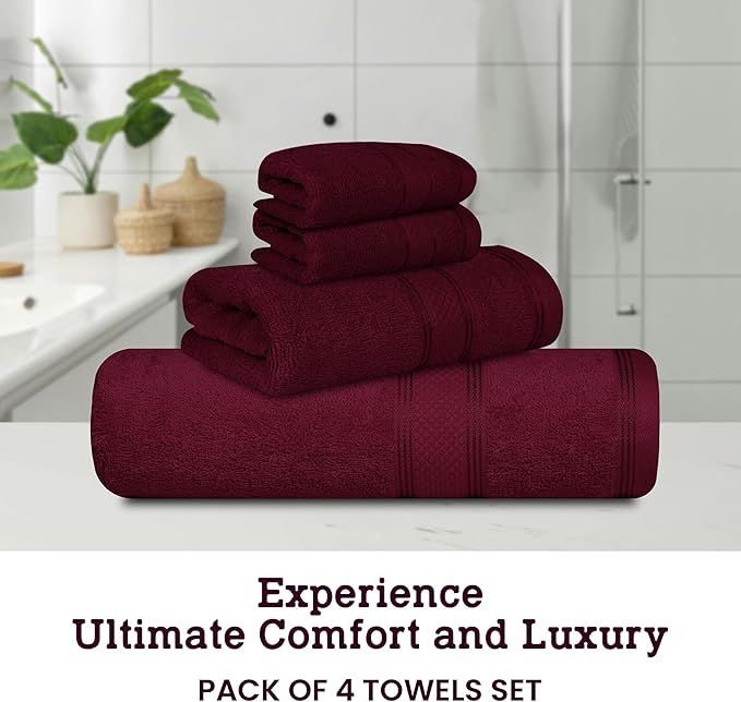 Casa Lino 4 Piece Bath Towel Set | 1 Bath Towel, 2 Wash Cloth, 1 Hand Towels | Bathroom Essentials for New Home, 100% Cotton Luxury Towels, Highly Absorbent Bathroom Set, Burgundy.
