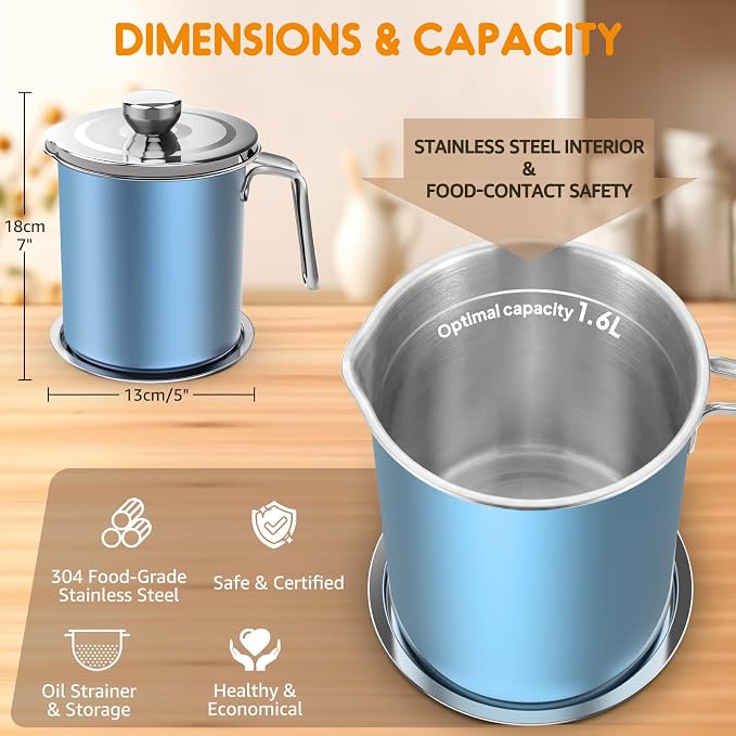 Chihee Stainless Steel Bacon Grease Saver - 2L / 67.6 fl oz Oil Container - Image 4