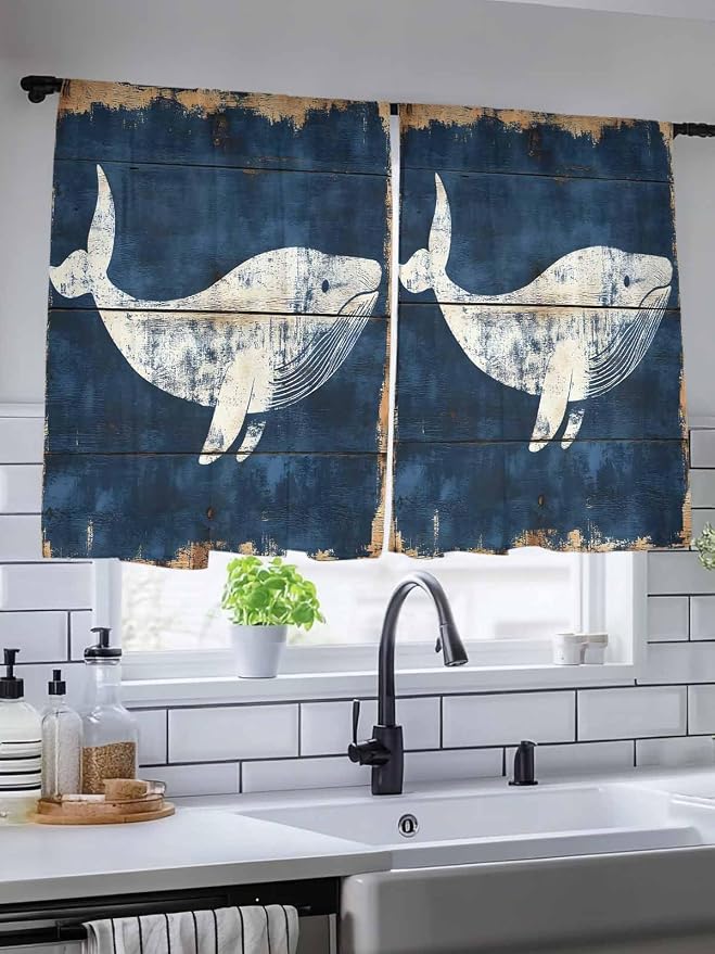 Sheer Curtains 54 Inch Length, Ocean Whale Blue Semi Sheer Curtains Light - Image 5