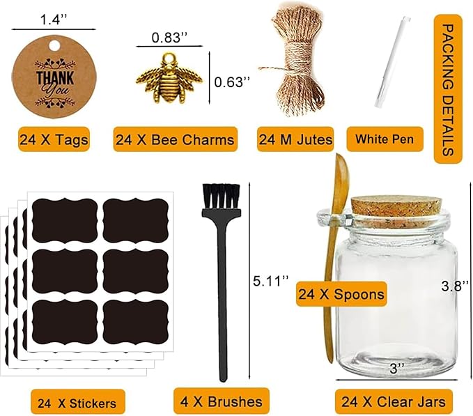 Ahhute Glass Sugar Scrubs Jars, Bath Salt Container, Snacks Spice Jars w/Bamboo Spoons, Honey Scrubs Body Butter Jar w/Corks, Labels and Cleaning Brush, Wedding Party Favors Gifts, 8oz 24 Pack