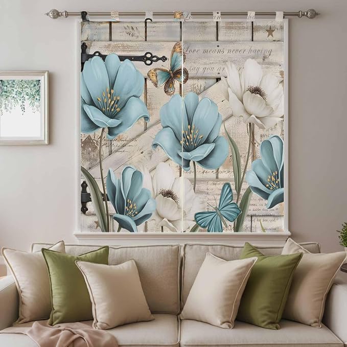 Teal Blue Tulips Bathroom Curtains 63 Inch Length, Window Curtains Tab Top - Image 9