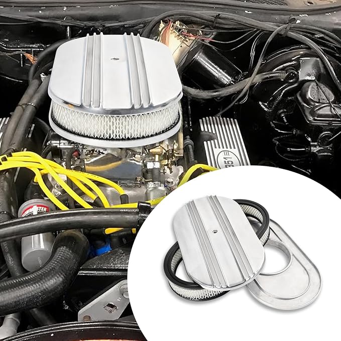 15" Polished Aluminum Air Cleaner Assembly Kit Alloy Oval Partial Half Finned - Image 6
