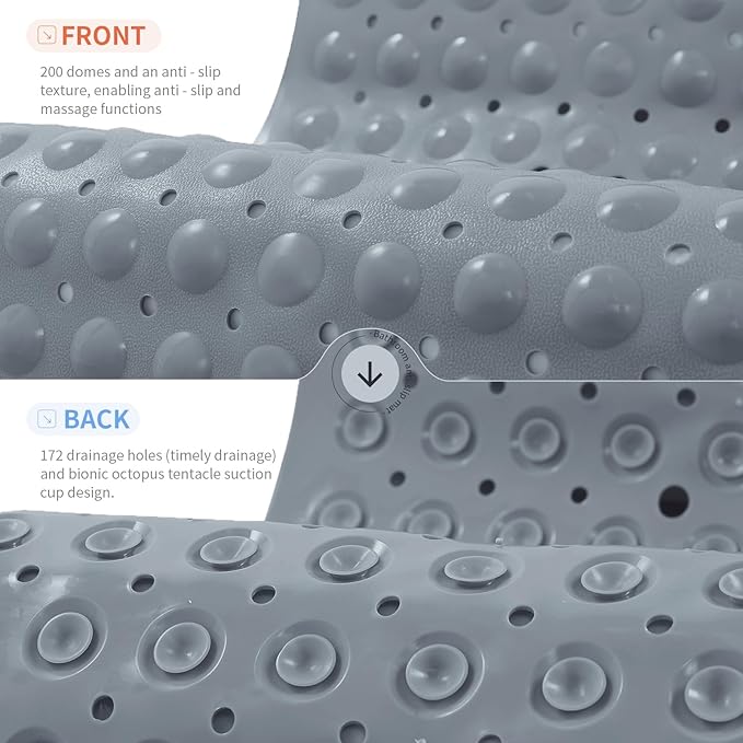 Anti-Slip Bathtub Shower mat, 39.3×15.7 inch（Approximately 100 × 40cm） Soft Oversized Machine Washable Non-Slip Bathtub mat with Drainage Holes, Bathroom Floor Suction Cup.（1-Opaque Gray）
