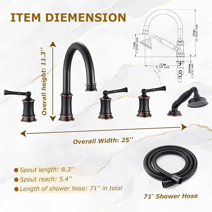 Roman Tub Faucet with Hand Shower, Antique Tub Shower Faucet Set with Valve for 5 Hole, Deck Mount Shower Tub Faucet Set，3 Handle Bath Tub Faucet High Flow, Oil Rubbed Bronze(B2309-ORB)