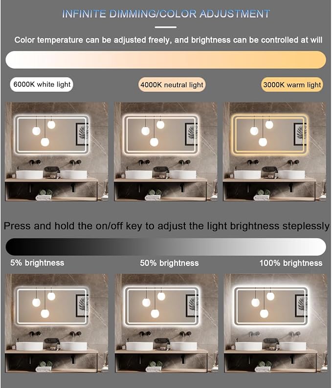 Smart Lighted Bathroom Mirror for Wall，Illuminated LED Bathroom Mirror，Lighted - Image 3