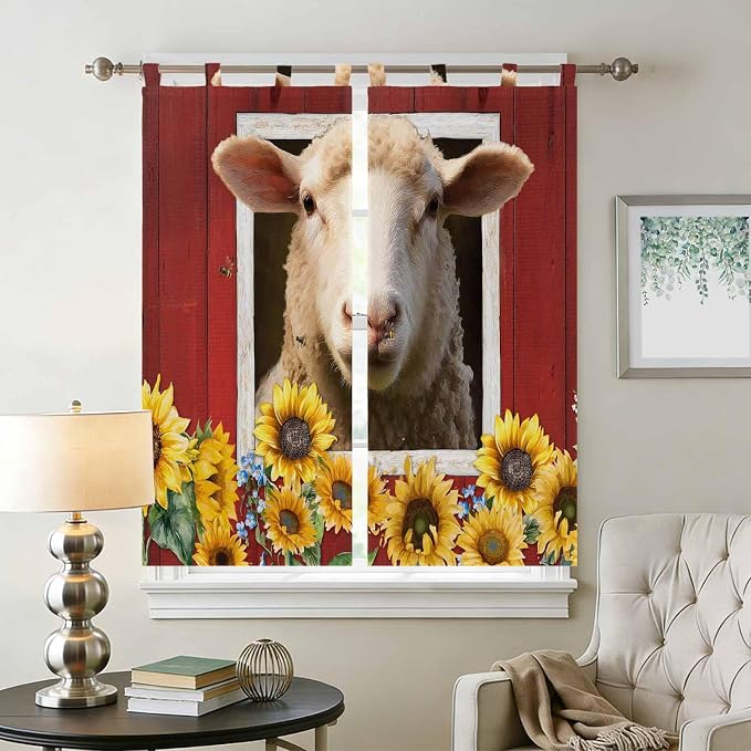 Sheep Sunflower Bedroom Curtains 72 Inch Length, Window Curtains Tab Top - Image 2