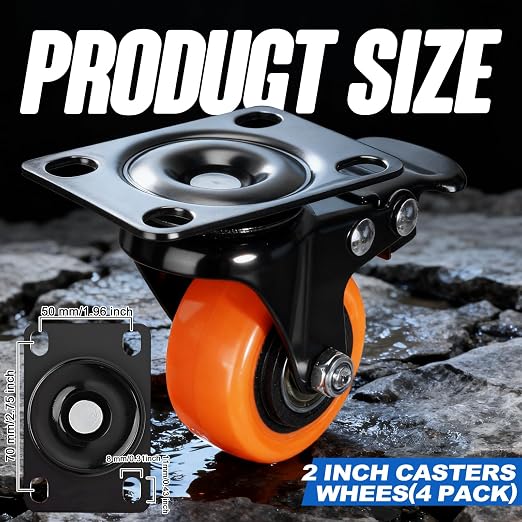 2 Inch Caster Wheels Set of 4, Dual Locking Small PU Casters 150LB Each - Image 2