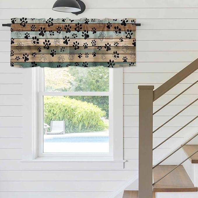 Dog Paws Valances for Windows, Teal Brown Wood Grain Kitchen Valance Light - Image 5