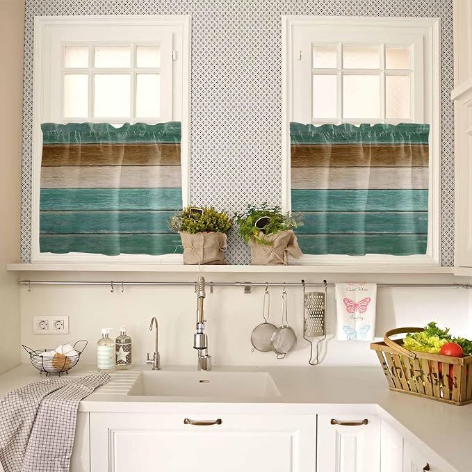 Vintage Plank Turquoise Brown Window Valance Curtains, Farmhouse Wood Grain - Image 3