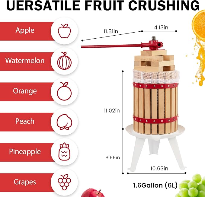 CAELUM Fruit Wine Press, 1.6 Gallon Wood Fruit and Cider Press Squeezer - Image 2
