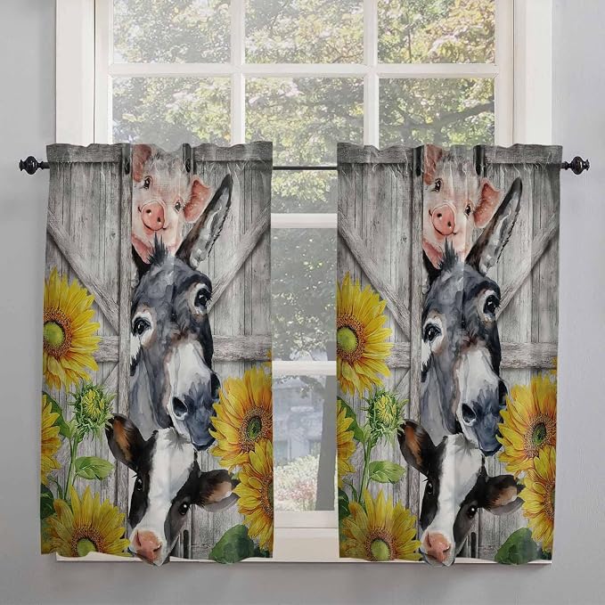 Farmhouse Kitchen Curtains 45 Inches length, Vintage Sunflowers Animals Printed - Image 2