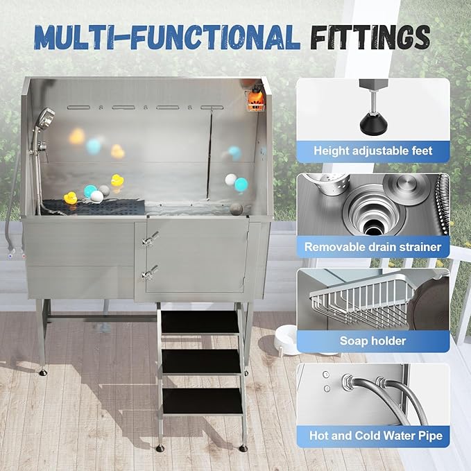 Albott 50-Inch Stainless Steel Pet Washing Station with Stairs, Dog Bath Tub 3-Speed Showerhead, Removable Grates, Easy to Clean, L-Size (Right)