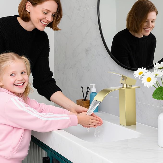 Bathroom Faucets Brushed Gold Waterfall Bathroom Sink Faucet Modern Single Handle Bathroom Faucet for 1 or 3 Hole Mxier Tap Washbasin Faucet with Deck, Pop-up Drain and Supply Hoses