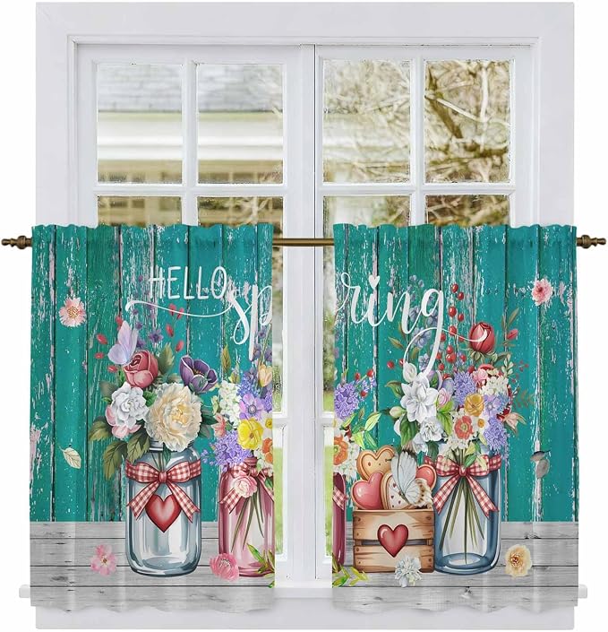 Spring Flowers Tier Curtains, Farmhouse Watercolor Teal Wood Grain Light by Unknown