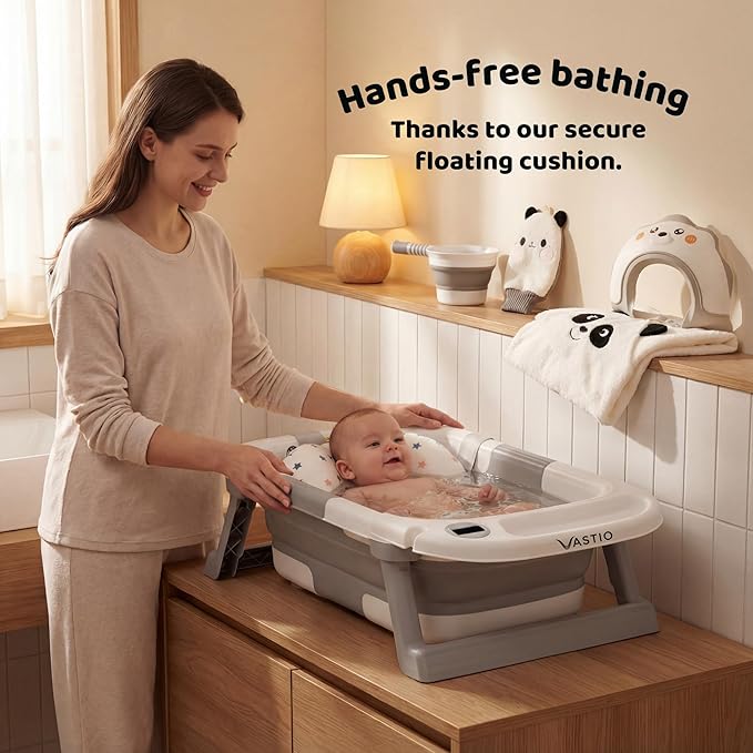 VASTIO™ 6-in-1 Collapsible Baby Bathtub Set – Foldable Baby Bath Tub for Newborn to Toddler, Portable Baby Bath Set with Cushion, Cap, Sponge, Rinse Cup & Towel – All-in-One Baby Bathing Essentials