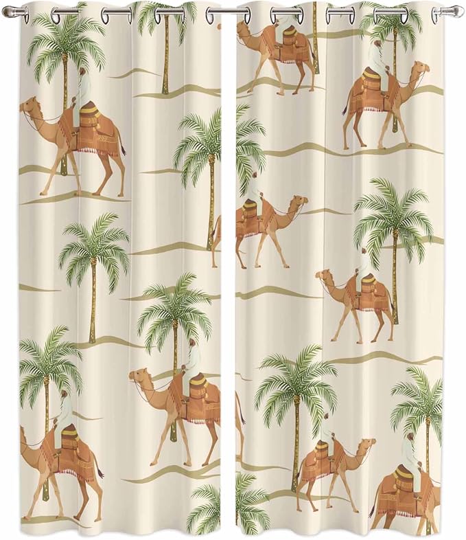 2 Panel Kitchen Cafe Curtains, Date Coconut Tree Sunlight Filtering Nature Air by Hokiten