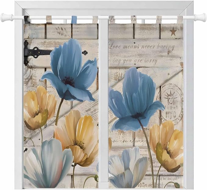 Blue Yellow Tulips Bathroom Curtains 63 Inch Length, Window Curtains Tab Top by Unknown