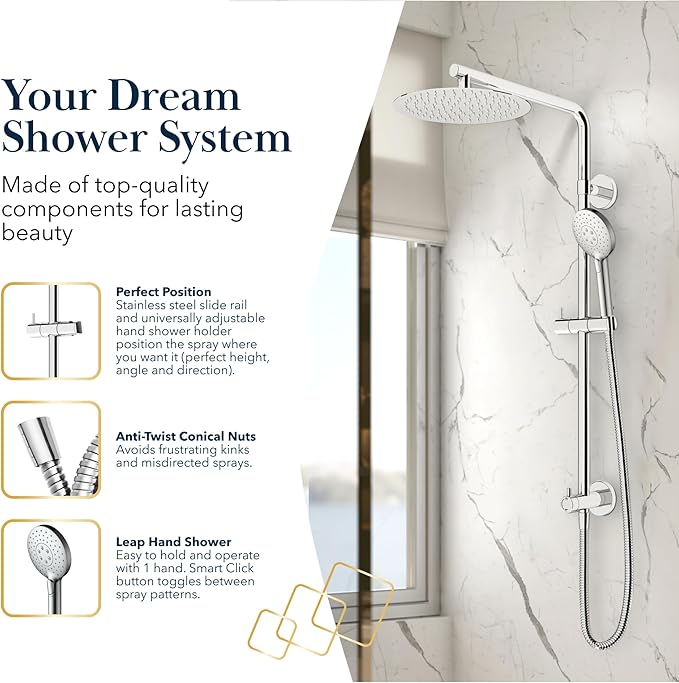 BATH ROYALE Rain Shower Head & Detachable Handheld Spray Combo, Easy Install & 3 Spray Modes, Matte Black