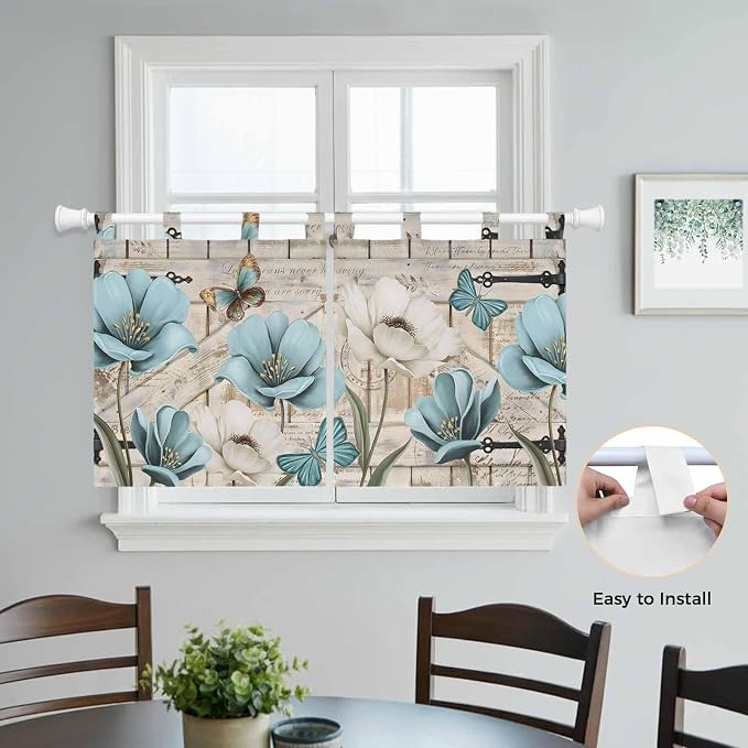 Teal Blue Tulips Kitchen Curtains 24 Inch Length, Small Window Curtains Tab Top - Image 4