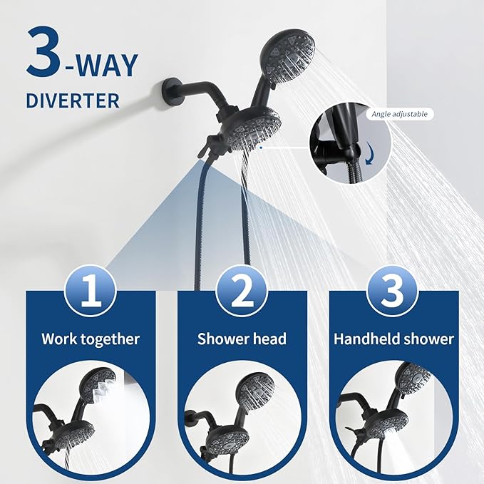 2 Handle Shower Faucet Set with Tub Spout and Shower Head Combo, Matte Black, Wall Mounted, 2 Handles, Brass, Complete Bathtub Shower Trim Kit