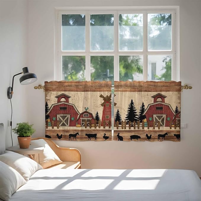 Brown Farmhouse Tier Curtains, Vintage Country Animals Wooden Grain Light - Image 4