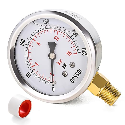 0-230 Psi Glycerin Liquid Filled Pressure Gauge, 2.5" Dial Size, 1/4" NPT Lower by BPSSDI