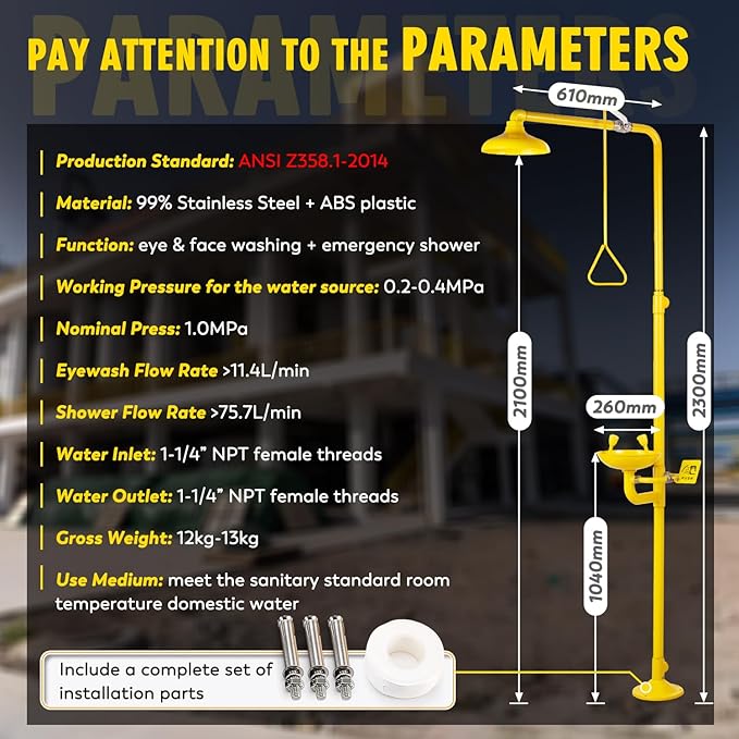 CGOLDENWALL Emergency Shower Eye Wash Station Safty Shower Combination Eye Wash Station with Shower, NPT Thread, with Emergency Sign, 304 Stainless Steel+Yellow Coating