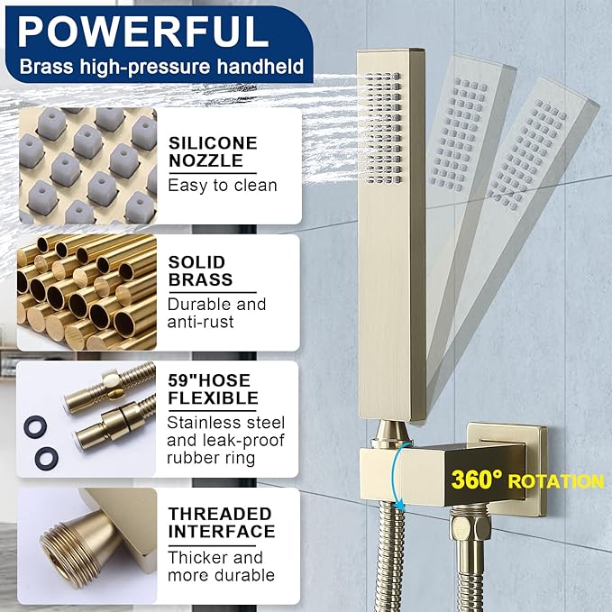 Multi Full Body Thermostatic Luxury Spa Shower System And 14x20 Inch LED 4 Functions Faucet Set, Rainfall Spray Waterfall Can Be Turned On Simultaneously,Brushed Gold