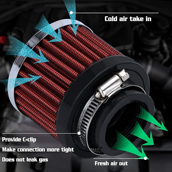 PTNHZ Universal Red Neck 1.5" 38mm Car High Flow Cold Air Intake Air Filter - Image 5