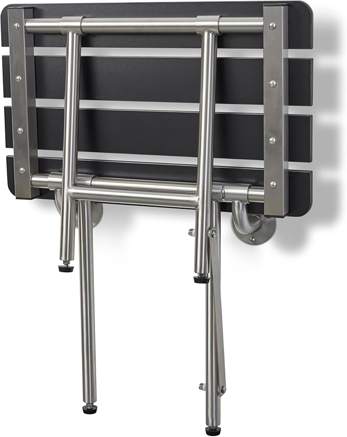 32-inch x 15-inch ADA Bariatric Folding Wall Mount Bathroom Shower Seat Bench with Legs, Black Slatted Phenolic Seat