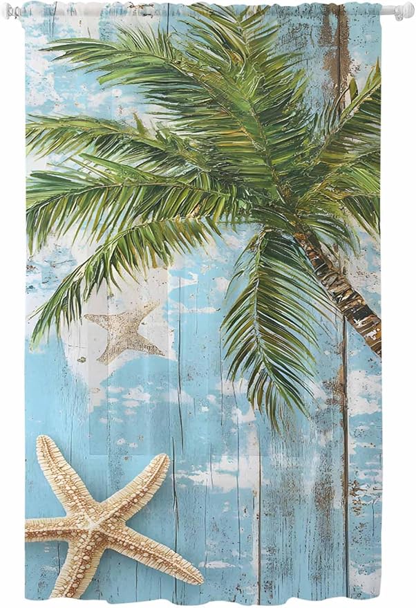 Sheer Curtains 84 Inches Long, Coastal Beach Blue Semi Sheer Curtains Light by Unknown