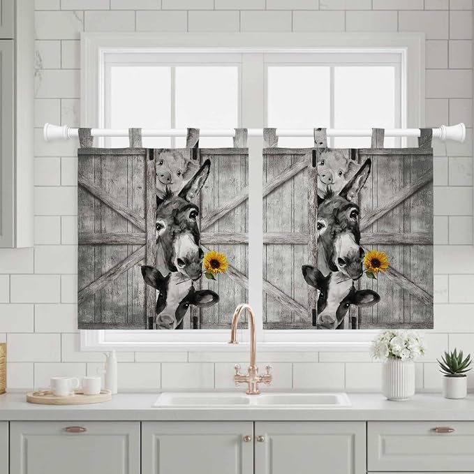 Funny Farm Animals Kitchen Curtains 36 Inch Length, Small Window Curtains Tab - Image 3