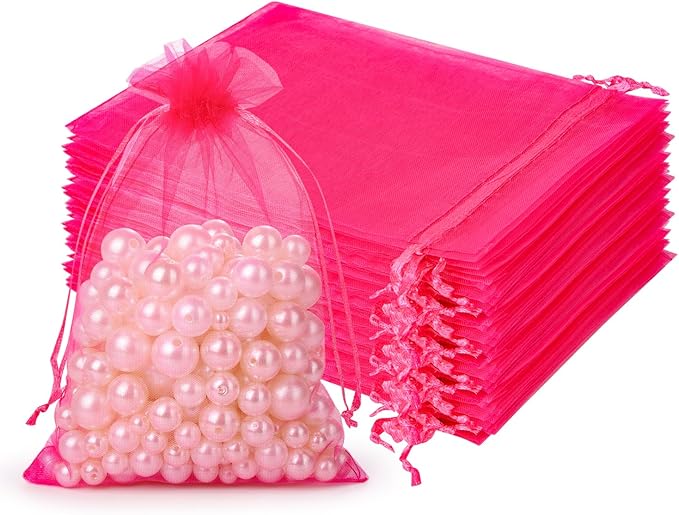 Hopttreely 100pcs Organza Drawstring Gift Bags, 4 x 4.72 inch Mesh, Hot Pink Satin Pouch Wedding Party Favor Bags