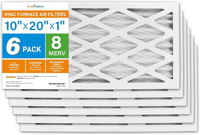 LotFancy 10x20x1 Air Filter MERV 8 6-Pack, Electrostatic Pleated Furnace & AC by LotFancy
