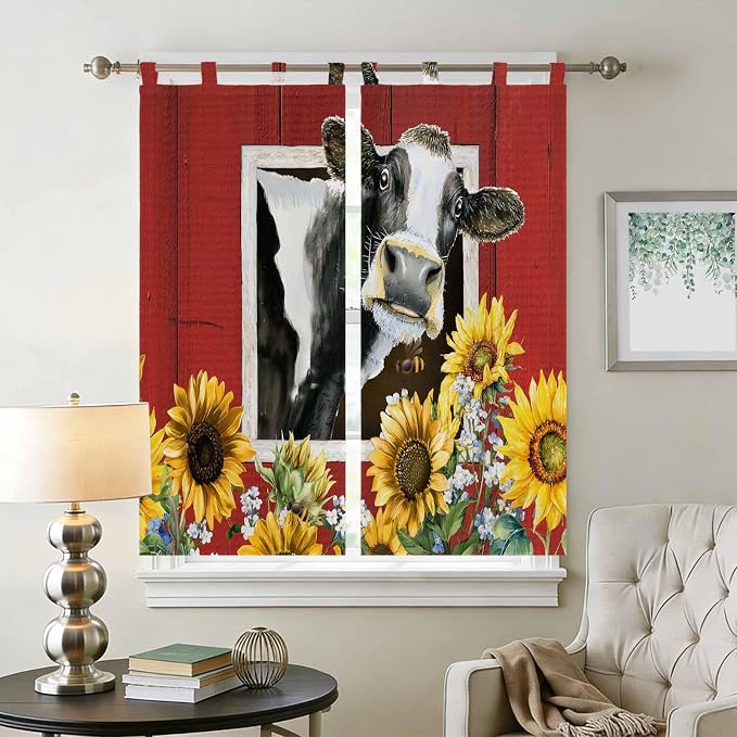 Cows Sunflowers Bedroom Curtains 72 Inch Length, Window Curtains Tab Top - Image 2