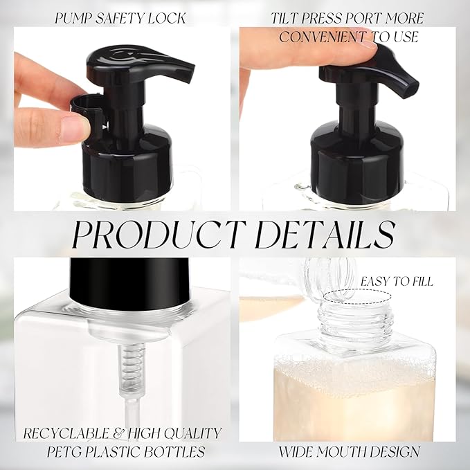 Domensi 12 Pcs Foam Pump Bottle Foaming Soap Dispenser Empty Travel Foaming Dispenser 8.5 oz Refillable Hand Soap Plastic Pump Bottle Travel Clear Container for Bathroom Vanities (Black,White)